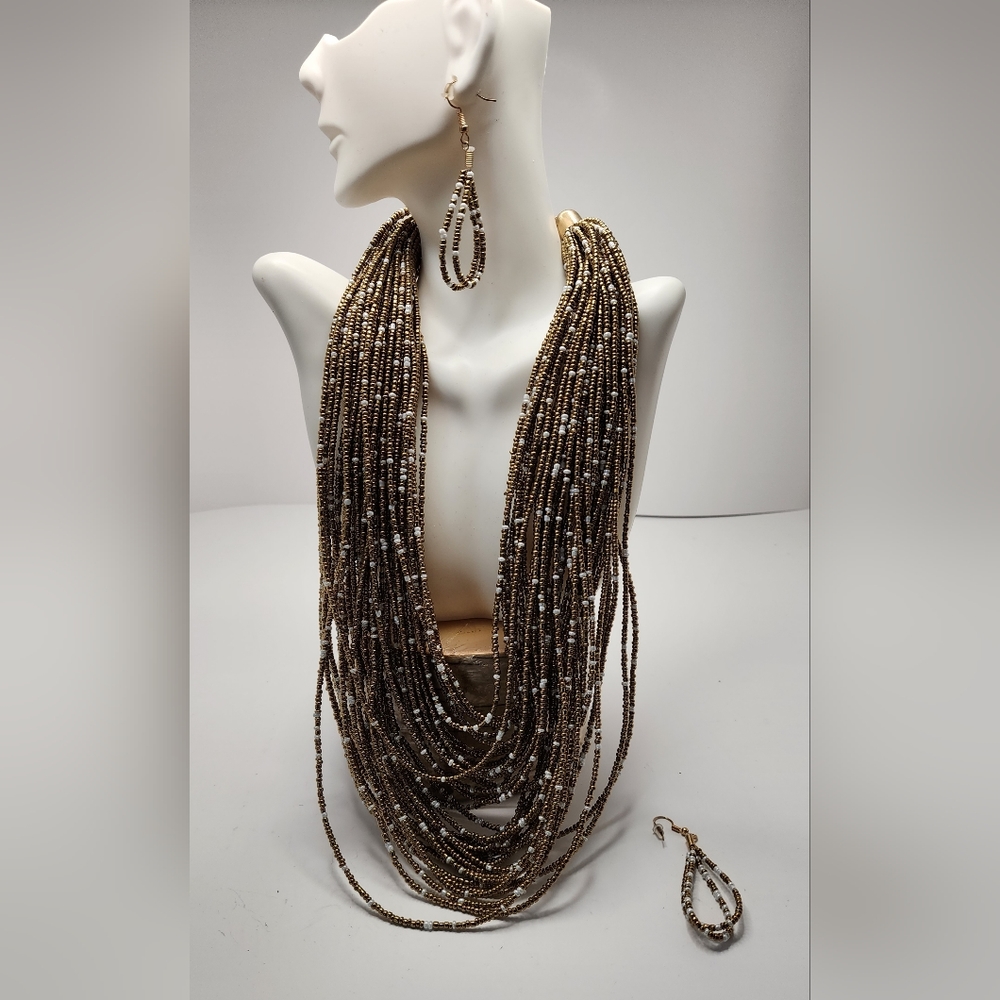 Multi Layer, Gold/White Colored Beaded Necklace, … - image 3